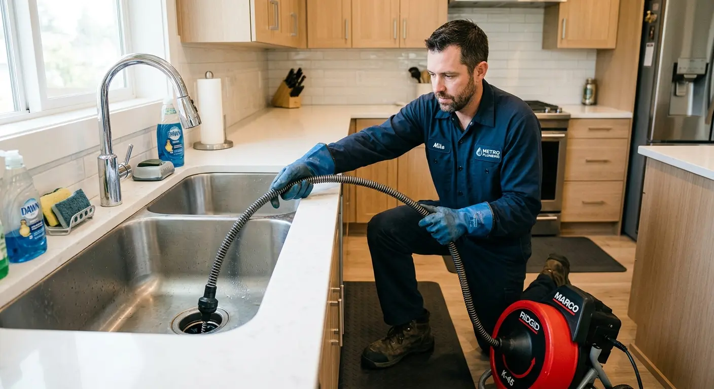 Drain cleaning technician using a motorized snake on a kitchen sink in Chevy Chase