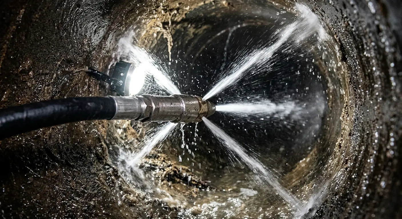 High-pressure hydro jetting nozzle cleaning sewer pipe for Trenchless Sewer Repair in Chevy Chase
