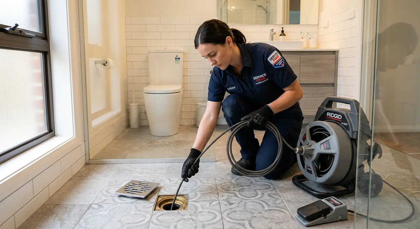 Technician clearing a bathroom floor drain for Drain Cleaning in Chevy Chase